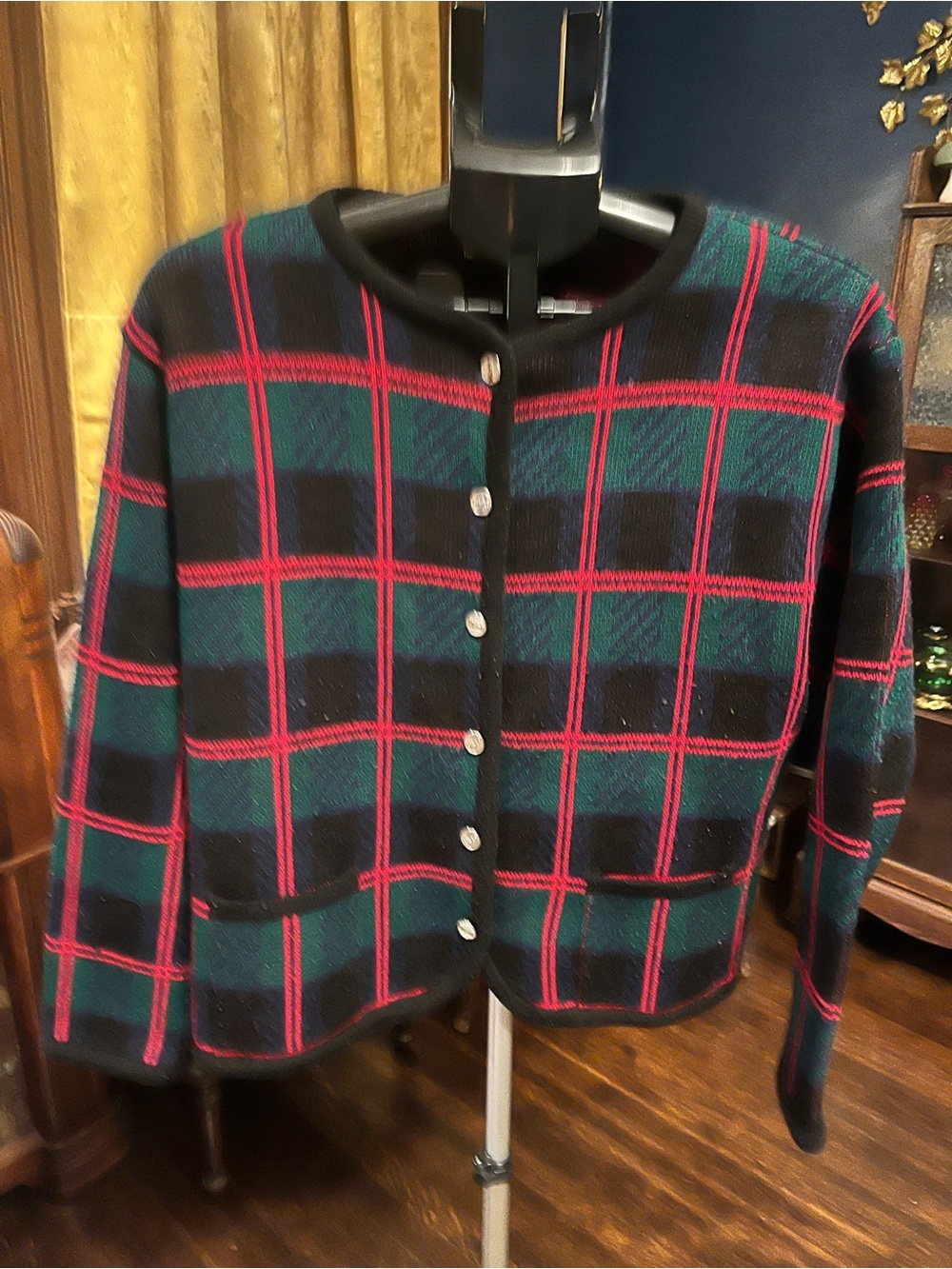 Vintage Tally Ho Classic Plaid Button-Front Cardigan Jacket - Black, Green & Red